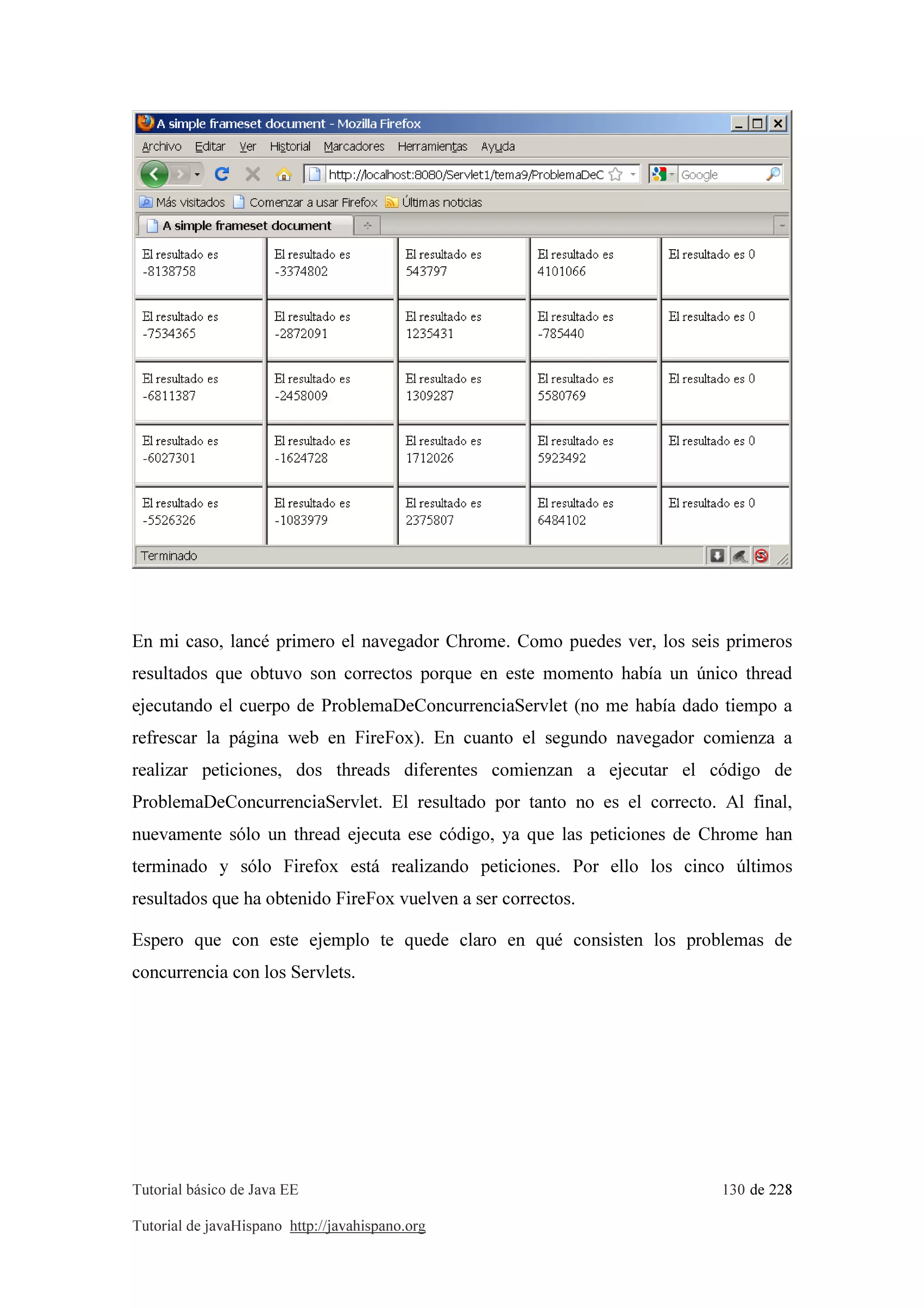 Tutorial básico de Java EE 130 de 228
Tutorial de javaHispano http://javahispano.org
En mi caso, lancé primero el navegador Chrome. Como puedes ver, los seis primeros
resultados que obtuvo son correctos porque en este momento había un único thread
ejecutando el cuerpo de ProblemaDeConcurrenciaServlet (no me había dado tiempo a
refrescar la página web en FireFox). En cuanto el segundo navegador comienza a
realizar peticiones, dos threads diferentes comienzan a ejecutar el código de
ProblemaDeConcurrenciaServlet. El resultado por tanto no es el correcto. Al final,
nuevamente sólo un thread ejecuta ese código, ya que las peticiones de Chrome han
terminado y sólo Firefox está realizando peticiones. Por ello los cinco últimos
resultados que ha obtenido FireFox vuelven a ser correctos.
Espero que con este ejemplo te quede claro en qué consisten los problemas de
concurrencia con los Servlets.
 