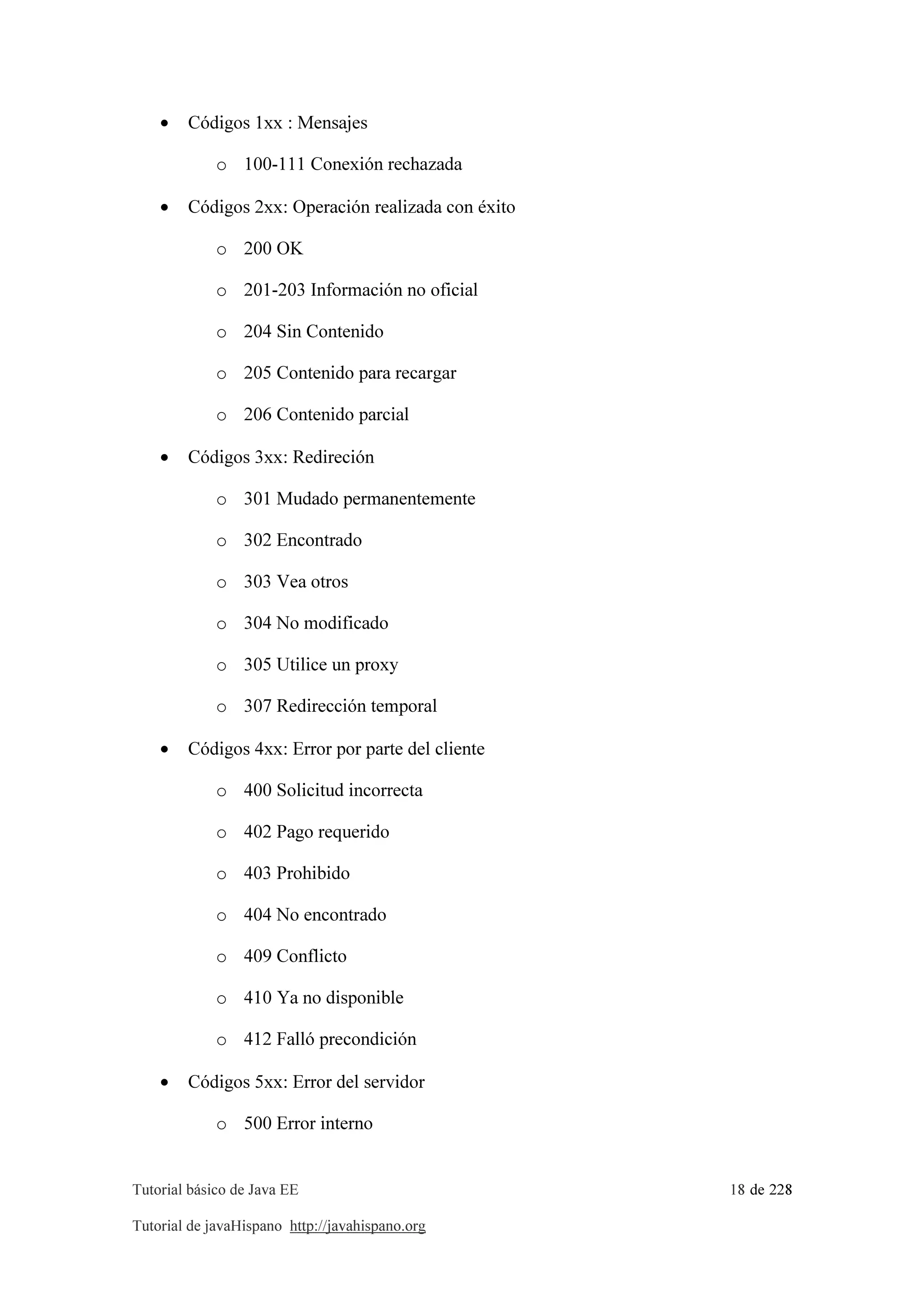 Tutorial básico de Java EE 18 de 228
Tutorial de javaHispano http://javahispano.org
• Códigos 1xx : Mensajes
o 100-111 Conexión rechazada
• Códigos 2xx: Operación realizada con éxito
o 200 OK
o 201-203 Información no oficial
o 204 Sin Contenido
o 205 Contenido para recargar
o 206 Contenido parcial
• Códigos 3xx: Redireción
o 301 Mudado permanentemente
o 302 Encontrado
o 303 Vea otros
o 304 No modificado
o 305 Utilice un proxy
o 307 Redirección temporal
• Códigos 4xx: Error por parte del cliente
o 400 Solicitud incorrecta
o 402 Pago requerido
o 403 Prohibido
o 404 No encontrado
o 409 Conflicto
o 410 Ya no disponible
o 412 Falló precondición
• Códigos 5xx: Error del servidor
o 500 Error interno
 