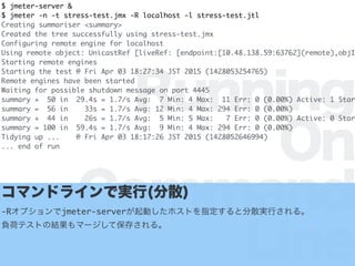 Running
On
Command
Line
$ jmeter-server &
$ jmeter -n -t stress-test.jmx -R localhost -l stress-test.jtl
Creating summariser <summary>
Created the tree successfully using stress-test.jmx
Configuring remote engine for localhost
Using remote object: UnicastRef [liveRef: [endpoint:[10.48.138.59:63762](remote),objI
Starting remote engines
Starting the test @ Fri Apr 03 18:27:34 JST 2015 (1428053254765)
Remote engines have been started
Waiting for possible shutdown message on port 4445
summary + 50 in 29.4s = 1.7/s Avg: 7 Min: 4 Max: 11 Err: 0 (0.00%) Active: 1 Star
summary = 56 in 33s = 1.7/s Avg: 12 Min: 4 Max: 294 Err: 0 (0.00%)
summary + 44 in 26s = 1.7/s Avg: 5 Min: 5 Max: 7 Err: 0 (0.00%) Active: 0 Star
summary = 100 in 59.4s = 1.7/s Avg: 9 Min: 4 Max: 294 Err: 0 (0.00%)
Tidying up ... @ Fri Apr 03 18:17:26 JST 2015 (1428052646994)
... end of run
ޥɥ饤ǌg(ɢ)
-Rץjmeter-serverӤۥȤָȷɢgФ롣
ؓɥƥȤνYީ`Ʊ椵롣
 