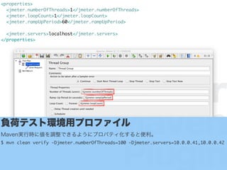 JMeter
Maven
Plugin
<properties>
<jmeter.numberOfThreads>1</jmeter.numberOfThreads>
<jmeter.loopCount>1</jmeter.loopCount>
<jmeter.rampUpPeriod>60</jmeter.rampUpPeriod>
<jmeter.servers>localhost</jmeter.servers>
</properties>
ؓɥƥȭhåץե
MavengЕr˂{Ǥ褦˥ץѥƥȱ
$ mvn clean verify -Djmeter.numberOfThreads=100 -Djmeter.servers=10.0.0.41,10.0.0.42
 