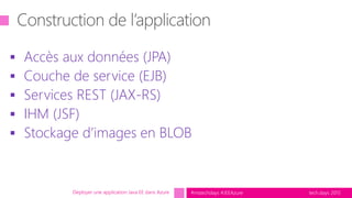 tech.days 2015#mstechdays #JEEAzure
 Accès aux données (JPA)
 Couche de service (EJB)
 Services REST (JAX-RS)
 IHM (JSF)
 Stockage d’images en BLOB
Déployer une application Java EE dans Azure
 