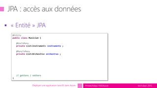 tech.days 2015#mstechdays #JEEAzure
 « Entité » JPA
Déployer une application Java EE dans Azure
@Entity
public class Musician {
@OneToMany
private List<Instrument> instruments ;
@ManyToMany
private List<Orchestra> orchestras ;
// getters / setters
}
 