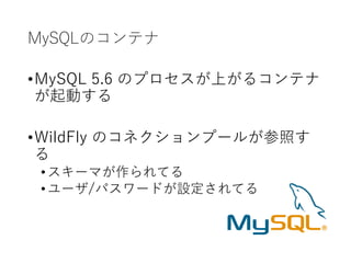 MySQLのコンテナ
•MySQL 5.6 のプロセスが上がるコンテナ
が起動する
•WildFly のコネクションプールが参照す
る
•スキーマが作られてる
•ユーザ/パスワードが設定されてる
 