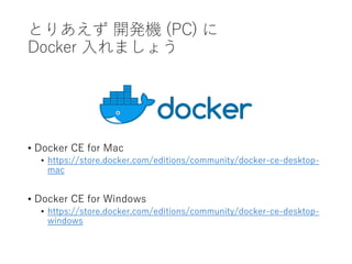 とりあえず 開発機 (PC) に
Docker 入れましょう
• Docker CE for Mac
• https://store.docker.com/editions/community/docker-ce-desktop-
mac
• Docker CE for Windows
• https://store.docker.com/editions/community/docker-ce-desktop-
windows
 