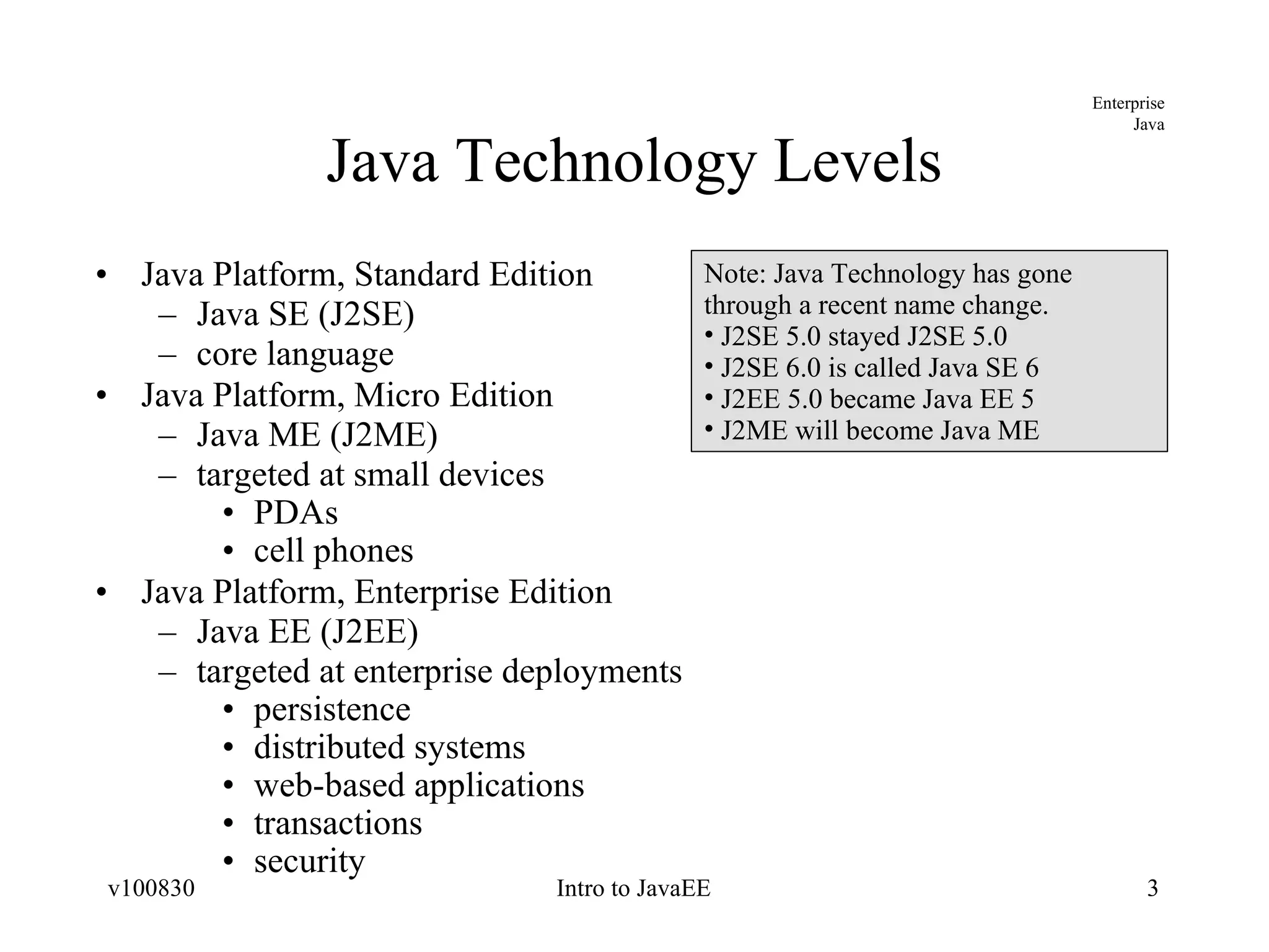 Java Technology Levels Java Platform, Standard Edition Java SE (J2SE) core language Java Platform, Micro Edition Java ME (J2ME) targeted at small devices PDAs cell phones Java Platform, Enterprise Edition Java EE (J2EE) targeted at enterprise deployments persistence distributed systems web-based applications transactions security Note: Java Technology has gone through a recent name change. J2SE 5.0 stayed J2SE 5.0 J2SE 6.0 is called Java SE 6 J2EE 5.0 became Java EE 5 J2ME will become Java ME 