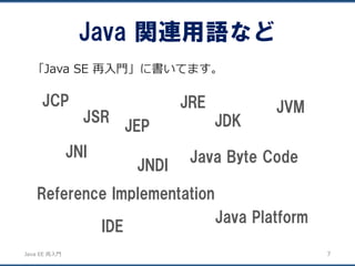 JavaEE再入門 
JCP 
JSR 
Java 関連用語など 
JEP 
7 
「Java SE 再入門」に書いてます。 
JRE 
JDK 
JVM 
Java Byte Code 
JNI 
JNDI 
Reference Implem...
