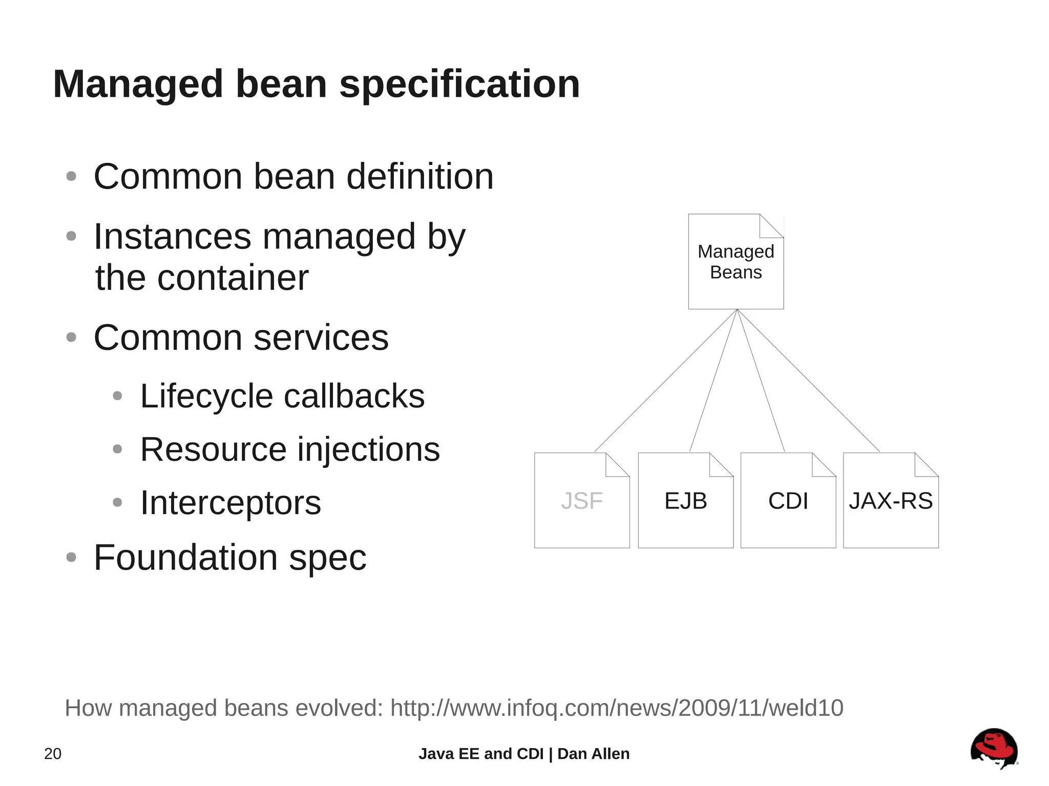 Managed bean specification

     ●   Common bean definition
     ●   Instances managed by                                      Managed
         the container                                              Beans


     ●   Common services
         ●   Lifecycle callbacks
         ●   Resource injections
         ●   Interceptors                            JSF         EJB     CDI   JAX-RS

     ●   Foundation spec


     How managed beans evolved: http://www.infoq.com/news/2009/11/weld10
20                                 Java EE and CDI | Dan Allen
 