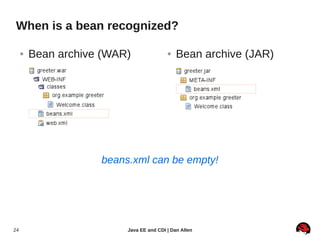 When is a bean recognized?

     ●   Bean archive (WAR)               ●   Bean archive (JAR)




                     beans.xml can be empty!




24                        Java EE and CDI | Dan Allen
 