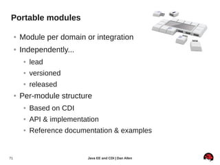 Portable modules

     ●   Module per domain or integration
     ●   Independently...
          ●   lead
          ●   versioned
          ●   released
     ●   Per-module structure
          ●   Based on CDI
          ●   API & implementation
          ●   Reference documentation & examples


71                            Java EE and CDI | Dan Allen
 