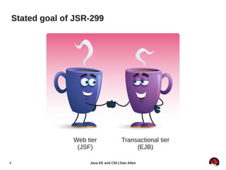 Stated goal of JSR-299




              Web tier               Transactional tier
               (JSF)                      (EJB)

9                  Java EE and CDI | Dan Allen
 