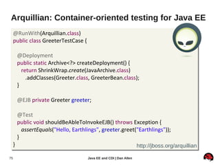 Arquillian: Container-oriented testing for Java EE
     @RunWith(Arquillian.class)
     public class GreeterTestCase {

  ...