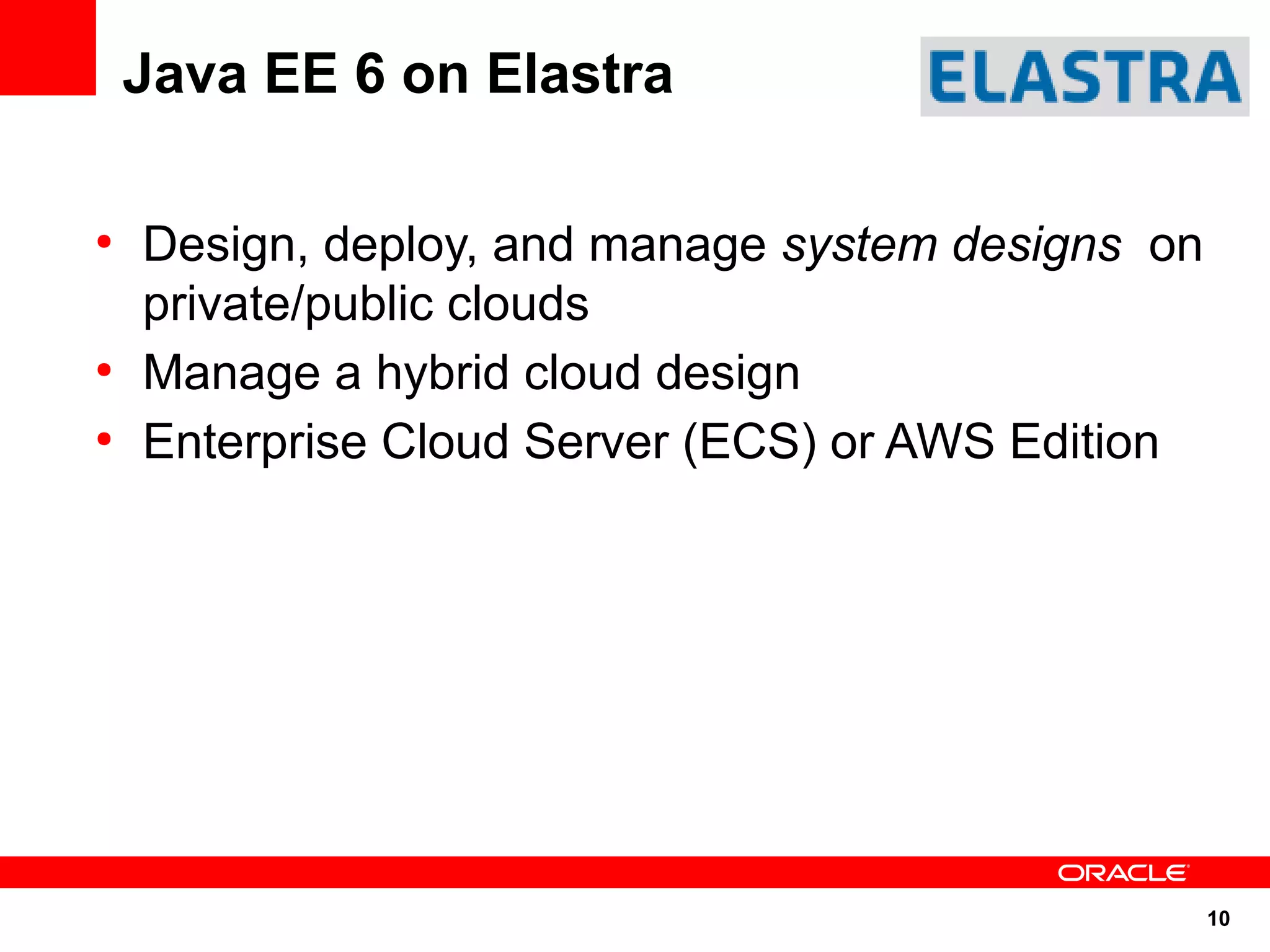 Java EE 6 on Elastra

●
    Design, deploy, and manage system designs on
    private/public clouds
●
    Manage a hybrid cloud design
●
    Enterprise Cloud Server (ECS) or AWS Edition




                                                   10
 