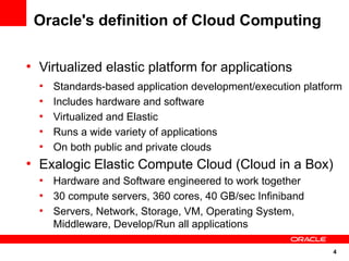 Oracle's definition of Cloud Computing

●
    Virtualized elastic platform for applications
    ●
        Standards-based application development/execution platform
    ●
        Includes hardware and software
    ●
        Virtualized and Elastic
    ●
        Runs a wide variety of applications
    ●
        On both public and private clouds
●
    Exalogic Elastic Compute Cloud (Cloud in a Box)
    ●
        Hardware and Software engineered to work together
    ●
        30 compute servers, 360 cores, 40 GB/sec Infiniband
    ●
        Servers, Network, Storage, VM, Operating System,
        Middleware, Develop/Run all applications

                                                                4
 