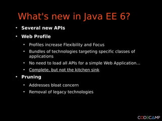 What's new in Java EE 6?
●
    Several new APIs
●
    Web Profile
     ●
         Profiles increase Flexibility and Focus
     ●
         Bundles of technologies targeting specific classes of
         applications
     ●
         No need to load all APIs for a simple Web Application...
     ●
         Complete, but not the kitchen sink
●
    Pruning
     ●
         Addresses bloat concern
     ●
         Removal of legacy technologies
 