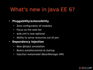 What's new in Java EE 6?
●
    Pluggability/extensibility
     ●
         Zero configuration of modules
     ●
         Focus on the web tier
     ●
         web.xml is now optional
     ●
         Ability to serve resources out of jars
●
    Dependency injection
     ●
         New @Inject annotation
     ●
         Beans autodiscovered at startup
     ●
         Injection metamodel (BeanManager API)
 