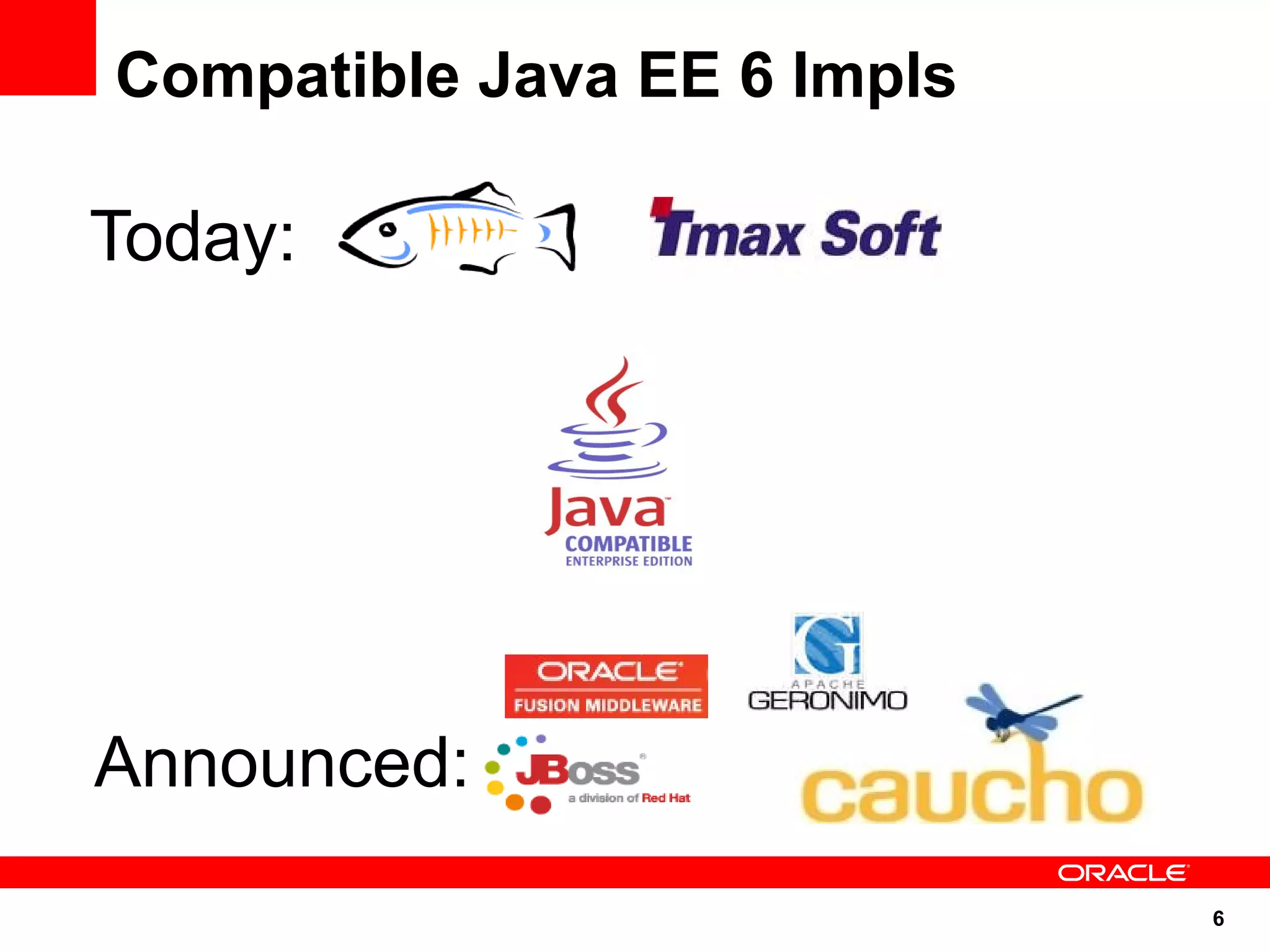 Compatible Java EE 6 Impls

Today:




Announced:
                             6
 