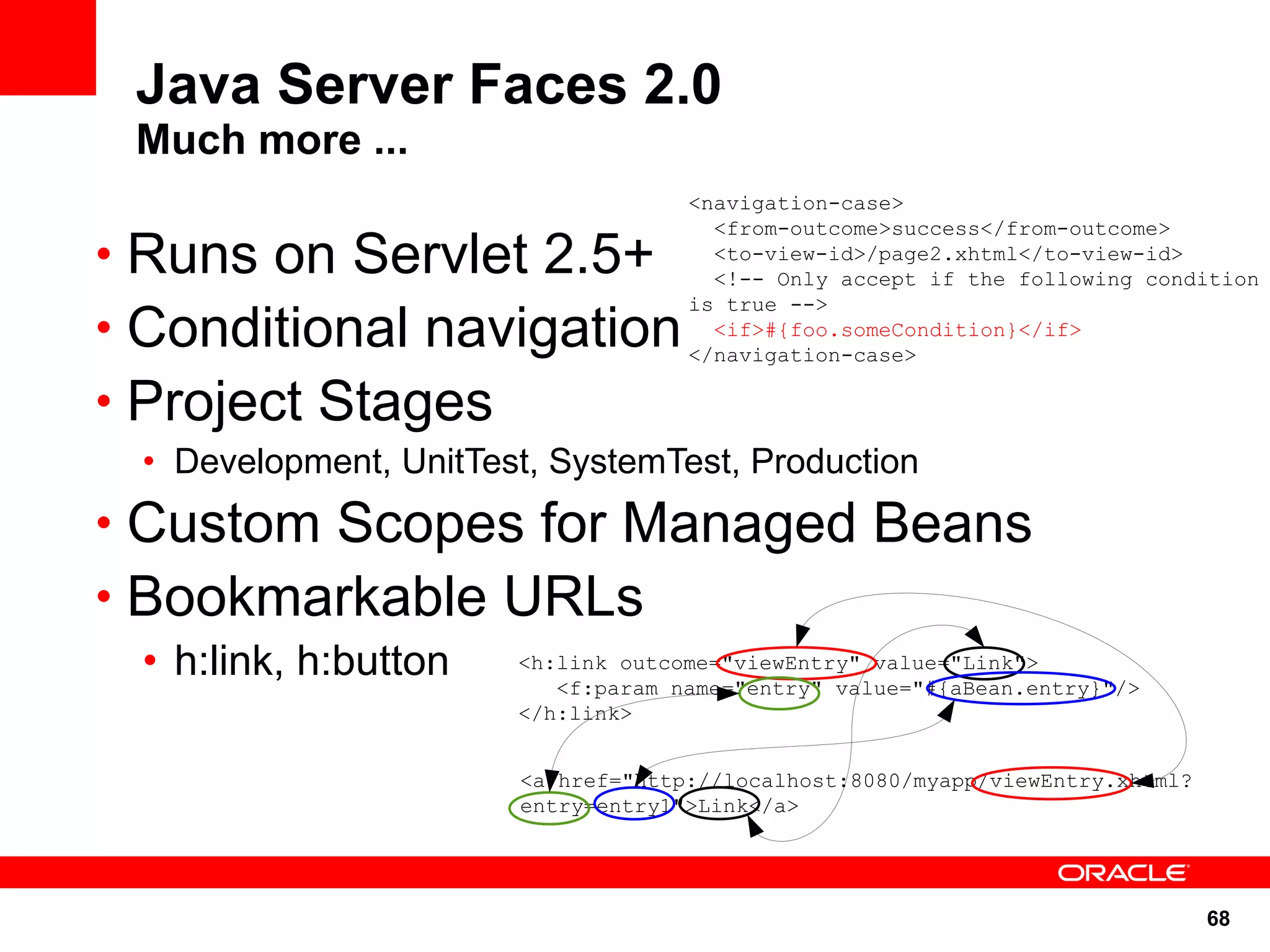 Java Server Faces 2.0
 Much more ...
                                    <navigation-case>
                                      <from-outcome>success</from-outcome>
• Runs on Servlet 2.5+                <to-view-id>/page2.xhtml</to-view-id>
                                      <!-- Only accept if the following condition

• Conditional navigation
                                    is true -->
                                      <if>#{foo.someCondition}</if>
                                    </navigation-case>

• Project Stages
 • Development, UnitTest, SystemTest, Production
• Custom Scopes for Managed Beans
• Bookmarkable URLs
 • h:link, h:button    <h:link outcome="viewEntry" value="Link">
                          <f:param name="entry" value="#{aBean.entry}"/>
                       </h:link>


                       <a href="http://localhost:8080/myapp/viewEntry.xhtml?
                       entry=entry1">Link</a>




                                                                               68
 