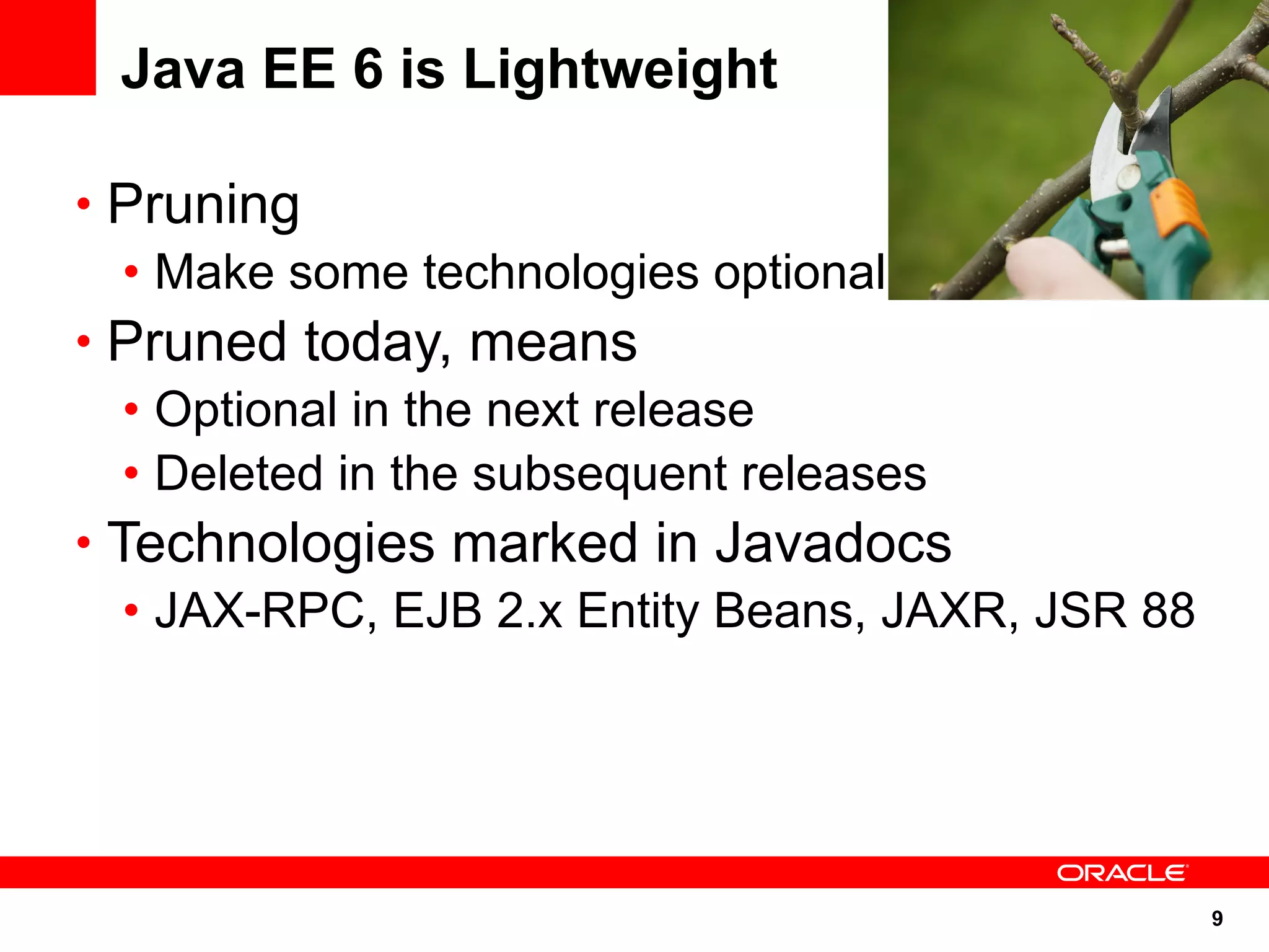 Java EE 6 is Lightweight

• Pruning
   • Make some technologies optional
• Pruned today, means
   • Optional in the next release
   • Deleted in the subsequent releases
• Technologies marked in Javadocs
   • JAX-RPC, EJB 2.x Entity Beans, JAXR, JSR 88




                                                   9
 