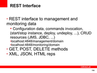 REST Interface

• REST interface to management and
monitoring data
 • Configuration data, commands invocation,
  (start/stop instance, deploy, undeploy, ...), CRUD
  resources (JMS, JDBC, ...)
  •localhost:4848/management/domain
  •localhost:4848/monitoring/domain
• GET, POST, DELETE methods
• XML, JSON, HTML reps



                                                       110
 