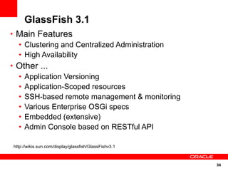 GlassFish 3.1
• Main Features
  • Clustering and Centralized Administration
  • High Availability
• Other ...
  • Application Versioning
  • Application-Scoped resources
  • SSH-based remote management & monitoring
  • Various Enterprise OSGi specs
  • Embedded (extensive)
  • Admin Console based on RESTful API

http://wikis.sun.com/display/glassfish/GlassFishv3.1



                                                       34
 