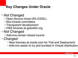 Key Changes Under Oracle

• Not Changed
  • Open Source (most GPL/CDDL)
  • Non-Oracle committers
  • Transparent development
  • OSS binaries at glassfish.org
• Not Changed
  • Add-ons remain closed source
• Changed
     • New licenses at oracle.com for Trial and Deployment
     • Add-ons easier to try and bundled in Oracle distribution



                                                           39
 