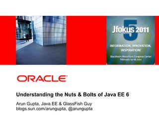 <Insert Picture Here>




Understanding the Nuts & Bolts of Java EE 6
Arun Gupta, Java EE & GlassFish Guy
blogs.sun.com/arungupta, @arungupta
 