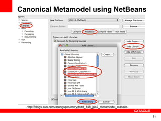 Canonical Metamodel using NetBeans




  http://blogs.sun.com/arungupta/entry/totd_148_jpa2_metamodel_classes


                                                                         51
 