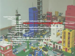 <web-fragment>
    <filter>
          <filter-name>wicket.helloworld</filter-name>
          <filter-class>org.apache.wicket.protocol.http.WicketFilter</filter-class>
          <init-param>
               <param-name>applicationClassName</param-name>
               <param-value>...</param-value>
          </init-param>
    </filter>
    <filter-mapping>
          <filter-name>wicket.helloworld</filter-name>
          <url-pattern>/*</url-pattern>
    </filter-mapping>
</web-fragment>



                                                                               9
 