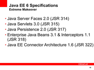 Java EE 6 Specifications
  Extreme Makeover

• Java Server Faces 2.0 (JSR 314)
• Java Servlets 3.0 (JSR 315)
• Java Persistence 2.0 (JSR 317)
• Enterprise Java Beans 3.1 & Interceptors 1.1
  (JSR 318)
• Java EE Connector Architecture 1.6 (JSR 322)




                                             10
 