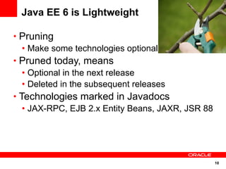 Java EE 6 is Lightweight

• Pruning
   • Make some technologies optional
• Pruned today, means
   • Optional in the next release
   • Deleted in the subsequent releases
• Technologies marked in Javadocs
   • JAX-RPC, EJB 2.x Entity Beans, JAXR, JSR 88




                                                   10
 