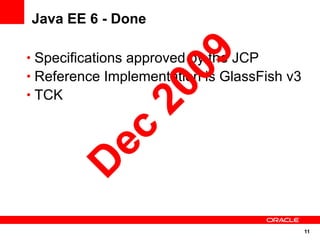 Java EE 6 - Done




                  09
• Specifications approved by the JCP
• Reference Implementation is GlassFish v3




               20
• TCK

       ec
      D

                                             11
 