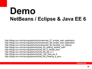 Demo
     NetBeans / Eclipse & Java EE 6



http://blogs.sun.com/arungupta/entry/screencast_27_simple_web_application
http://blogs.sun.com/arungupta/entry/screencast_28_simple_web_application
http://blogs.sun.com/arungupta/entry/screencast_26_develop_run_debug/
http://blogs.sun.com/arungupta/entry/totd_93_getting_started_with/
http://blogs.sun.com/arungupta/entry/totd_94_a_simple_java
http://blogs.sun.com/arungupta/entry/totd_95_ejb_3_1
http://blogs.sun.com/arungupta/entry/totd_102_java_ee_6
http://blogs.sun.com/arungupta/entry/totd_99_creating_a_java



                                                                            96
 