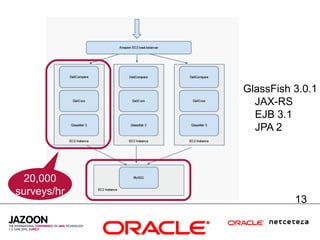 GlassFish 3.0.1
               JAX-RS
               EJB 3.1
               JPA 2



 20,000
surveys/hr
                       13
 