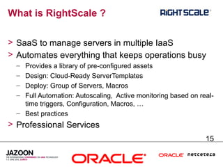 What is RightScale ?

> SaaS to manage servers in multiple IaaS
> Automates everything that keeps operations busy
  – Provides a library of pre-configured assets
  – Design: Cloud-Ready ServerTemplates
  – Deploy: Group of Servers, Macros
  – Full Automation: Autoscaling, Active monitoring based on real-
    time triggers, Configuration, Macros, …
  – Best practices
> Professional Services
                                                               15
 