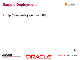 Sample Deployment

> http://fhm8e4fz.joyent.us:8080/




                                    37
 