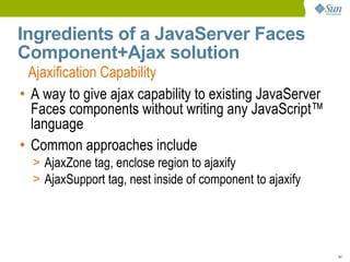 Ingredients of a JavaServer Faces
Component+Ajax solution
  Ajaxification Capability
• A way to give ajax capability to existing JavaServer
  Faces components without writing any JavaScript™
  language
• Common approaches include
  > AjaxZone tag, enclose region to ajaxify
  > AjaxSupport tag, nest inside of component to ajaxify




                                                           44
 