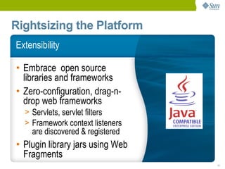Rightsizing the Platform
Extensibility

• Embrace open source
  libraries and frameworks
• Zero-configuration, drag-n-
  drop web frameworks
  > Servlets, servlet filters
  > Framework context listeners
    are discovered & registered
• Plugin library jars using Web
  Fragments
                                  11
 