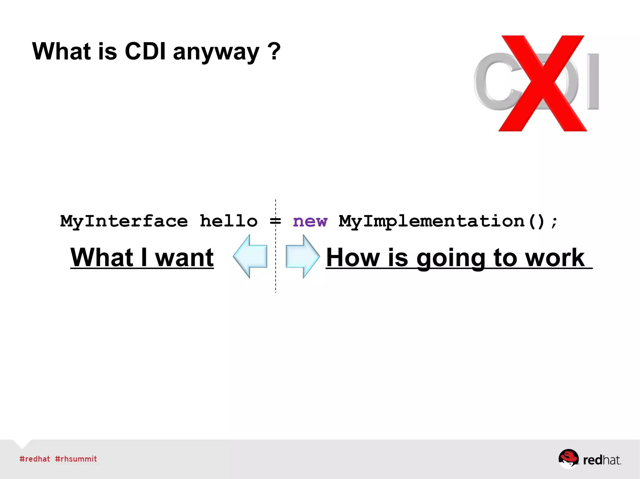 What is CDI anyway ?
MyInterface hello = new MyImplementation();
How is going to workWhat I want
 