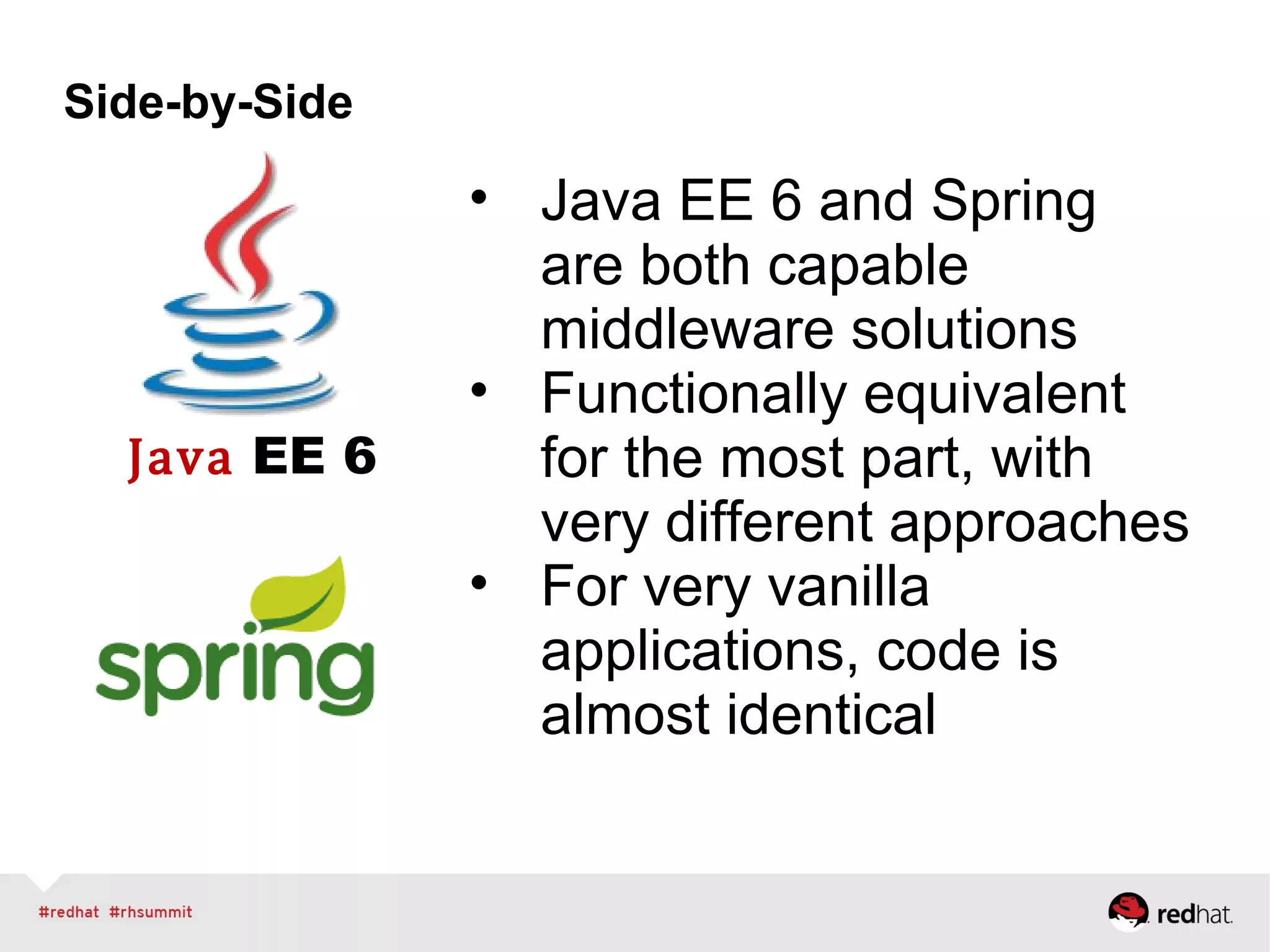 Java EE 6
Side-by-Side
• Java EE 6 and Spring
are both capable
middleware solutions
• Functionally equivalent
for the most part, with
very different approaches
• For very vanilla
applications, code is
almost identical
 