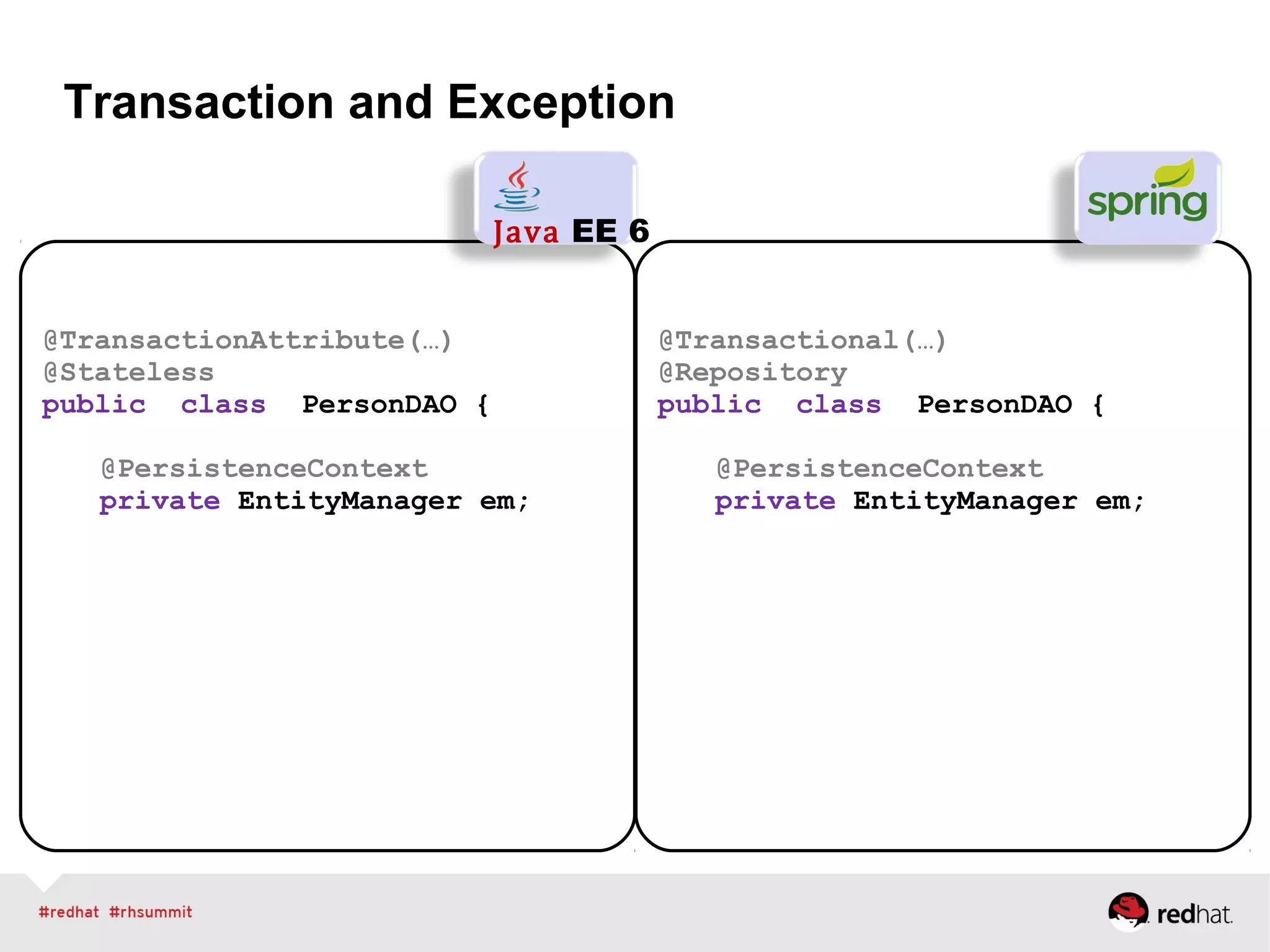Transaction and Exception
@TransactionAttribute(…)
@Stateless
public class PersonDAO {
@PersistenceContext
private EntityManager em;
Java EE 6
@Transactional(…)
@Repository
public class PersonDAO {
@PersistenceContext
private EntityManager em;
 