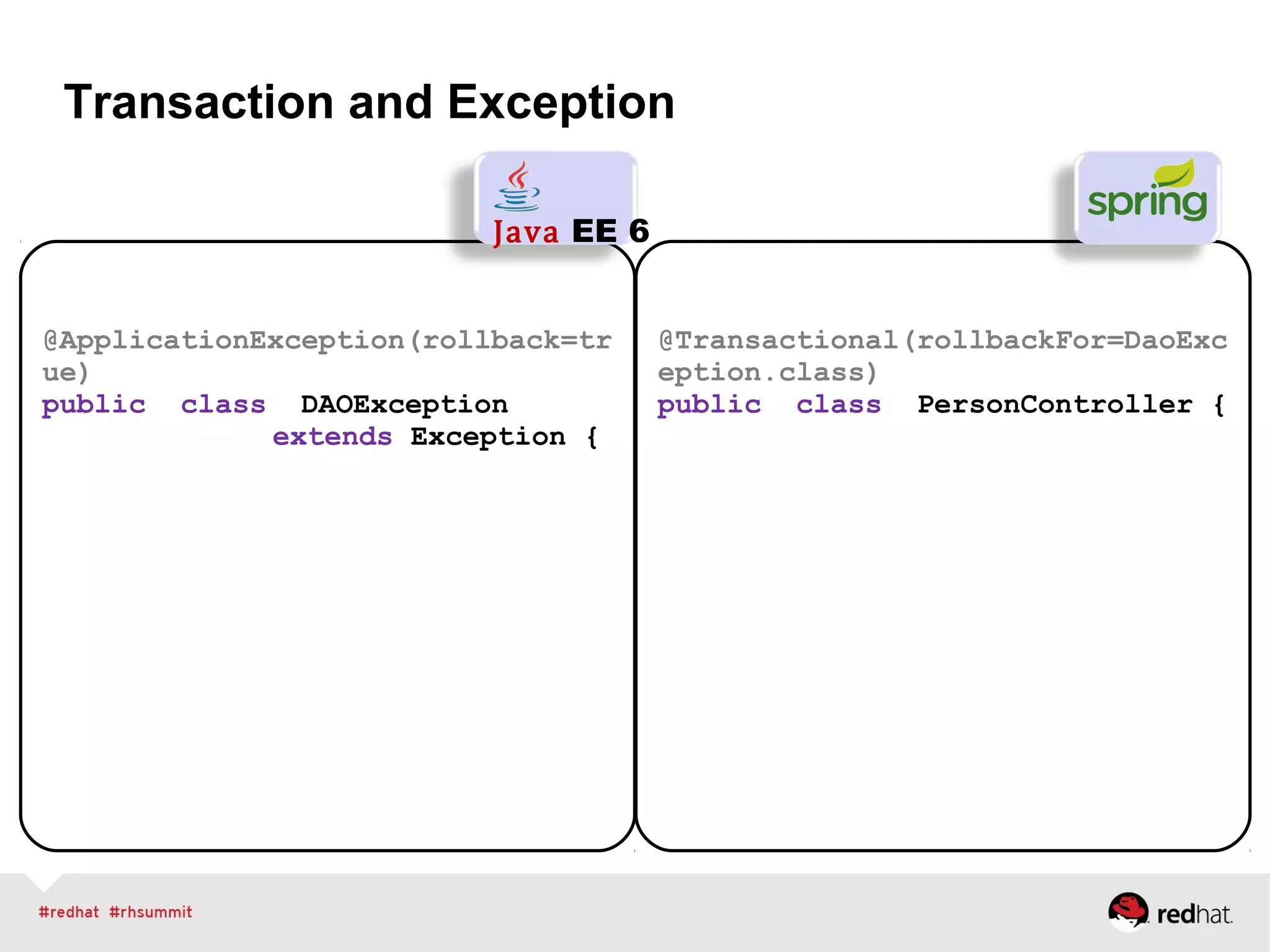 Transaction and Exception
@ApplicationException(rollback=tr
ue)
public class DAOException
extends Exception {
Java EE 6
@Transactional(rollbackFor=DaoExc
eption.class)
public class PersonController {
 
