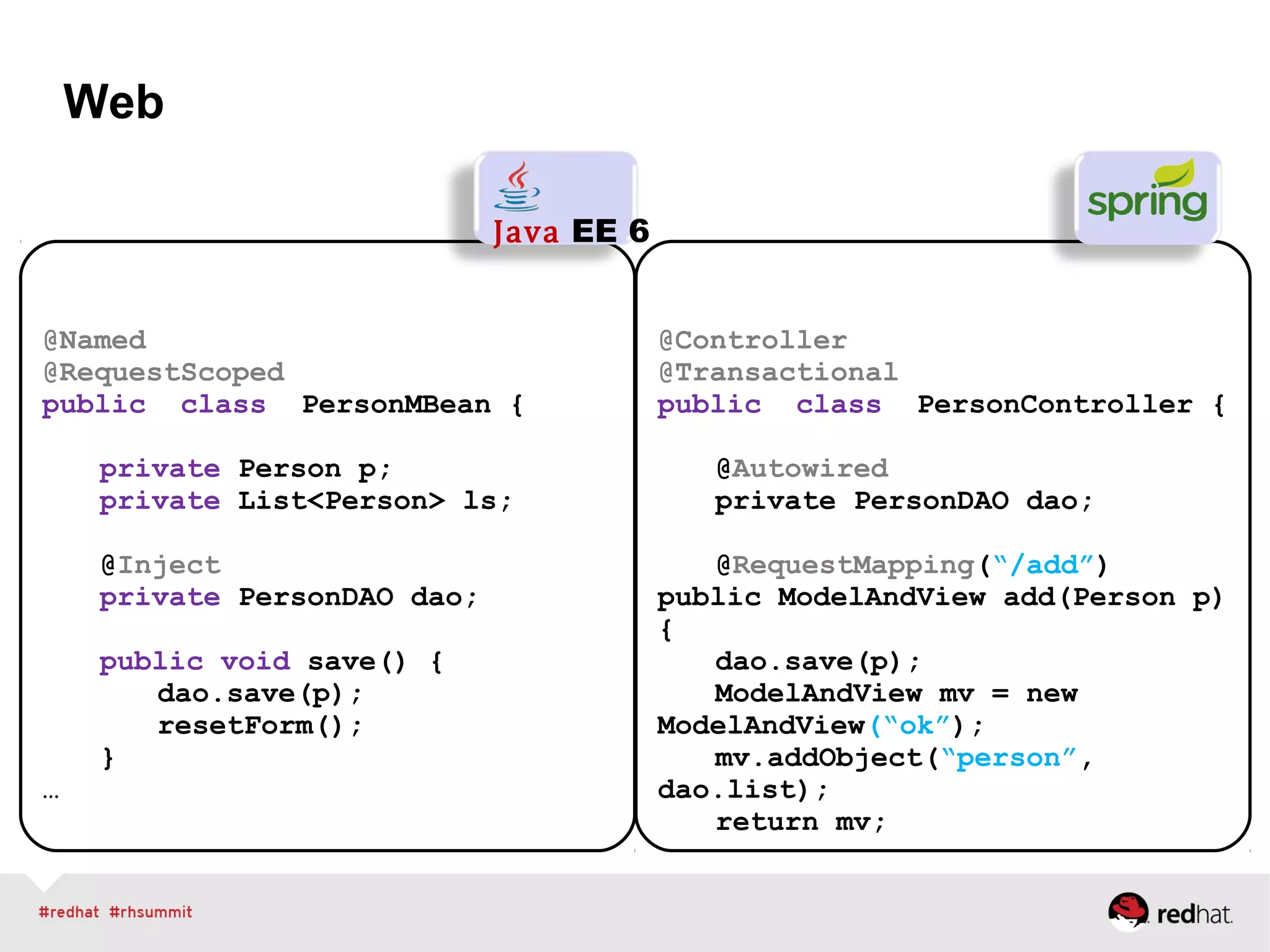 Web
@Named
@RequestScoped
public class PersonMBean {
private Person p;
private List<Person> ls;
@Inject
private PersonDAO dao;
public void save() {
dao.save(p);
resetForm();
}
…
Java EE 6
@Controller
@Transactional
public class PersonController {
@Autowired
private PersonDAO dao;
@RequestMapping(“/add”)
public ModelAndView add(Person p)
{
dao.save(p);
ModelAndView mv = new
ModelAndView(“ok”);
mv.addObject(“person”,
dao.list);
return mv;
 
