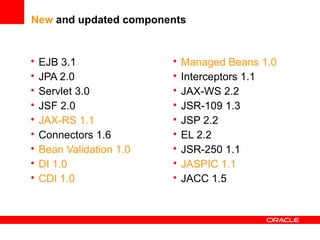 New and updated components

•
•
•
•
•
•
•
•
•

EJB 3.1
JPA 2.0
Servlet 3.0
JSF 2.0
JAX-RS 1.1
Connectors 1.6
Bean Validation 1.0
DI 1.0
CDI 1.0

•
•
•
•
•
•
•
•
•

Managed Beans 1.0
Interceptors 1.1
JAX-WS 2.2
JSR-109 1.3
JSP 2.2
EL 2.2
JSR-250 1.1
JASPIC 1.1
JACC 1.5

 