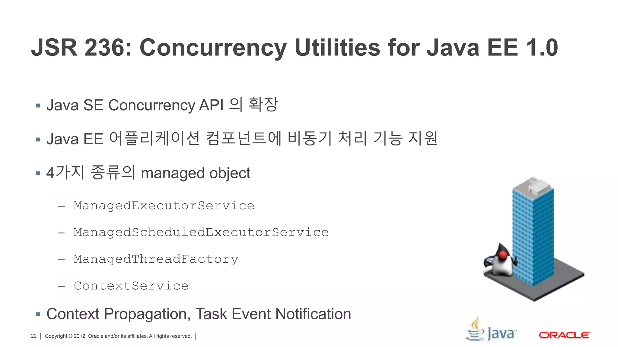 Copyright © 2012, Oracle and/or its affiliates. All rights reserved.22 JSR 236: Concurrency Utilities for Java EE 1.0  Java SE Concurrency API 의 확장  Java EE 어플리케이션 컴포넌트에 비동기 처리 기능 지원  4가지 종류의 managed object – ManagedExecutorService – ManagedScheduledExecutorService – ManagedThreadFactory – ContextService  Context Propagation, Task Event Notification 