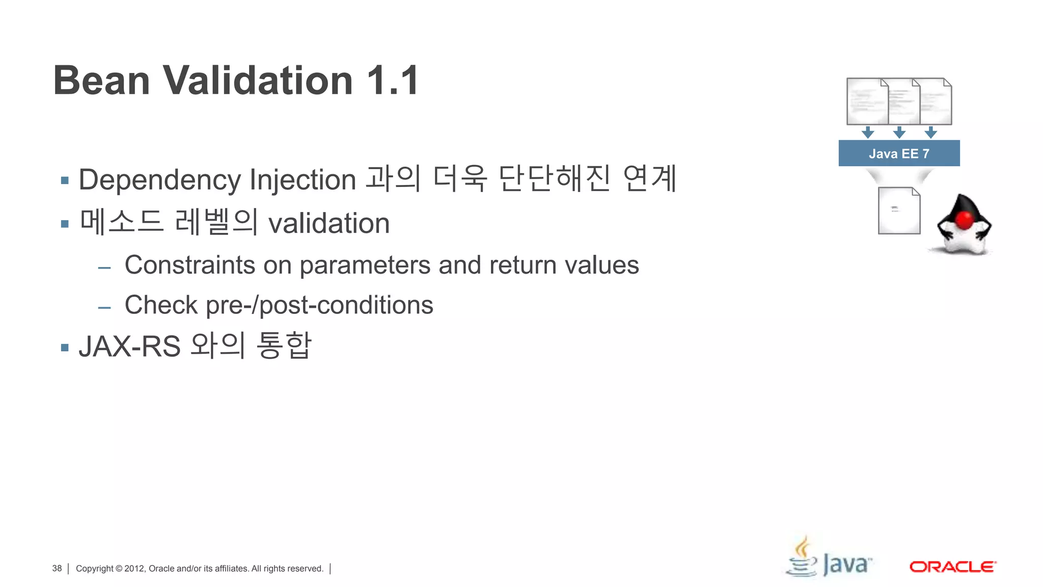 Copyright © 2012, Oracle and/or its affiliates. All rights reserved.38 Bean Validation 1.1  Dependency Injection 과의 더욱 단단해진 연계  메소드 레벨의 validation – Constraints on parameters and return values – Check pre-/post-conditions  JAX-RS 와의 통합 Java EE 7 