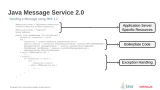 Java Message Service 2.0
Sending a Message using JMS 1.1
@Resource(lookup = "myConnectionFactory”)
ConnectionFactory connectionFactory;
@Resource(lookup = "myQueue”)
Queue myQueue;
public void sendMessage (String payload) {
Connection connection = null;
try {
connection = connectionFactory.createConnection();
Session session = connection.createSession(false, Session.AUTO_ACKNOWLEDGE);
MessageProducer messageProducer = session.createProducer(myQueue);
TextMessage textMessage = session.createTextMessage(payload);
messageProducer.send(textMessage);
} catch (JMSException ex) {
//. . .
} finally {
if (connection != null) {
try {
connection.close();
} catch (JMSException ex) {
//. . .
}
}
}
}

17Copyright © 2012, Oracle and/or its affiliates. All rights reserved.

Application Server
Specific Resources

Boilerplate Code

Exception Handling

 