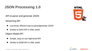 JSON Processing 1.0
API to parse and generate JSON
Streaming API
● Low-level, efficient way to parse/generate JSON
● Similar to StAX API in XML world

Object Model API
● Simple, easy to use high-level API
● Similar to DOM API in XML world

9Copyright © 2012, Oracle and/or its affiliates. All rights reserved.

 