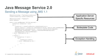 Copyright © 2012, Oracle and/or its affiliates. All rights reserved.18
@Resource(lookup = "myConnectionFactory”)
ConnectionFactory connectionFactory;
@Resource(lookup = "myQueue”)
Queue myQueue;
public void sendMessage (String payload) {
Connection connection = null;
try {
connection = connectionFactory.createConnection();
Session session = connection.createSession(false, Session.AUTO_ACKNOWLEDGE);
MessageProducer messageProducer = session.createProducer(myQueue);
TextMessage textMessage = session.createTextMessage(payload);
messageProducer.send(textMessage);
} catch (JMSException ex) {
//. . .
} finally {
if (connection != null) {
try {
connection.close();
} catch (JMSException ex) {
//. . .
}
}
}
}
Application Server
Specific Resources
Boilerplate Code
Exception Handling
Java Message Service 2.0
Sending a Message using JMS 1.1
 