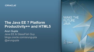 Copyright © 2012, Oracle and/or its affiliates. All rights reserved.2
The Java EE 7 Platform
Productivity++ and HTML5
Arun Gupta
Java EE & GlassFish Guy
blogs.oracle.com/arungupta
@arungupta
 