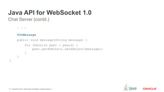 Copyright © 2012, Oracle and/or its affiliates. All rights reserved.9
Java API for WebSocket 1.0
. . .
@OnMessage
public void message(String message) {
for (Session peer : peers) {
peer.getRemote().sendObject(message);
}
}
}
Chat Server (contd.)
 